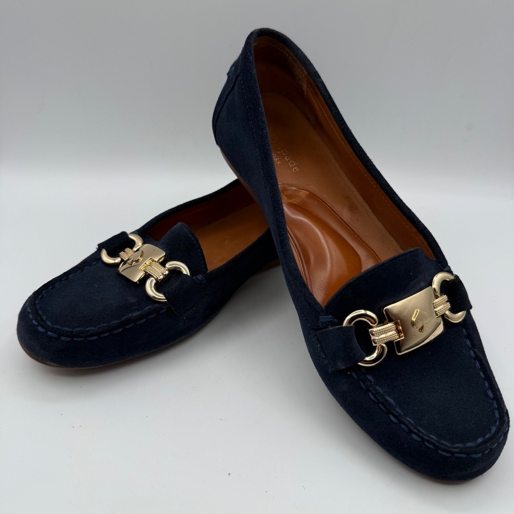 Kate Spade New York Navy Blue Suede Driver Loafers Gold Spade Bit Flats Womens